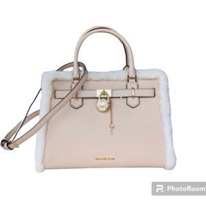 Michael Kors Hamilton Fur lock key leather large Satchel handbag cream/beige
